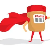 Cartoon illustration of peanut butter jar as a super hero with a cape