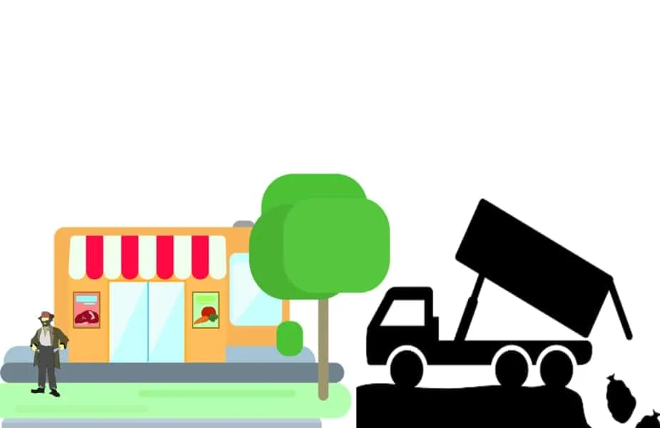 Grocery Store With Homeless Man in Front and Dump Truck in Back
