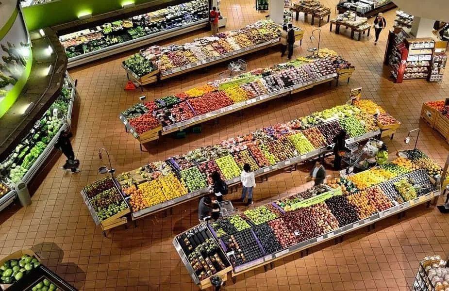 Overhead View of Supermarket Vegetable and Fruit Section