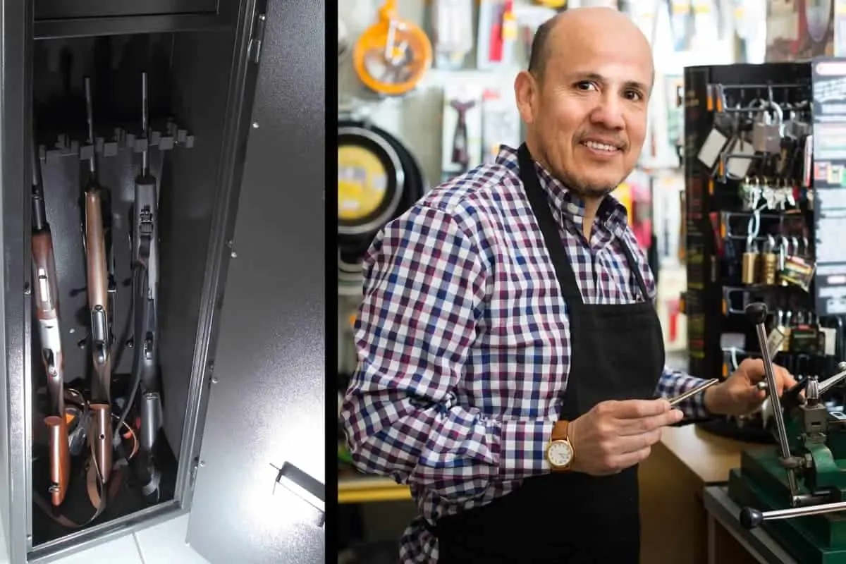 A gun Safe and a Locksmith in an Apron in a Hardware Store