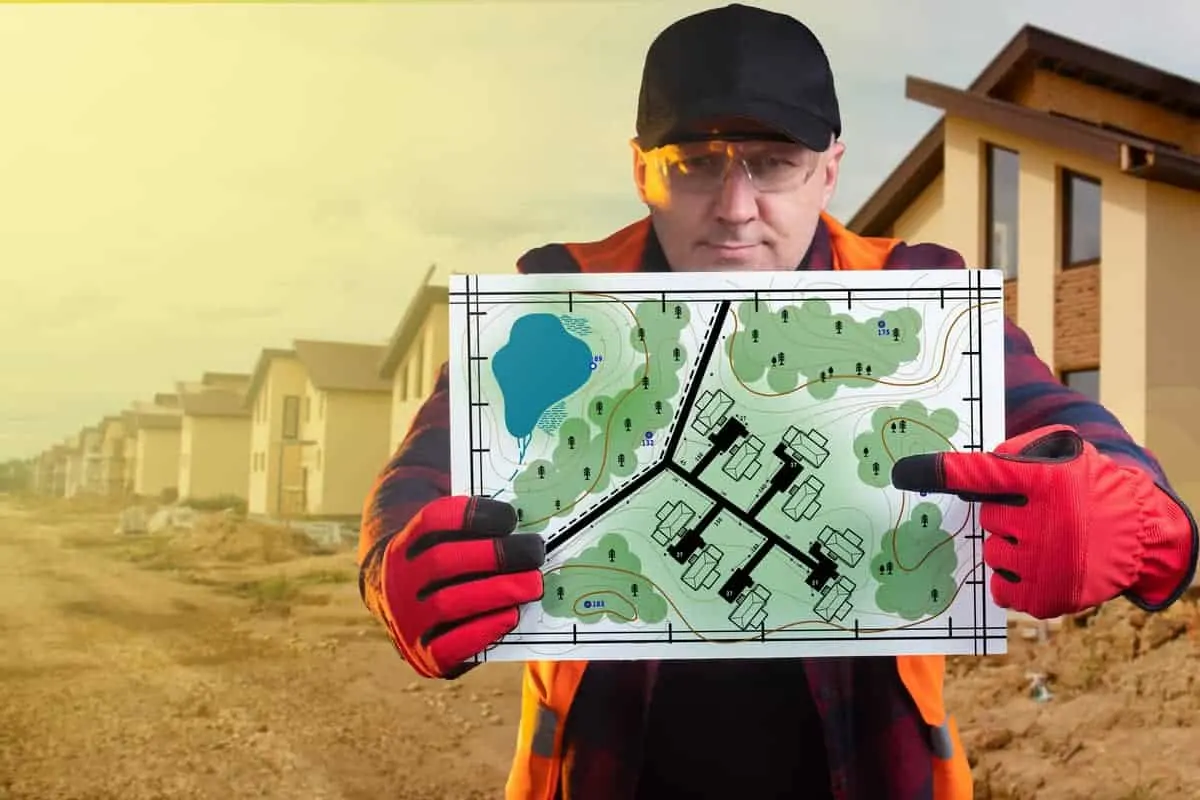 Builder Pointing at Topographic Plan