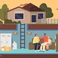 Family in home basement bunker or survival shelter safe room food supplies