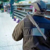 Man holding shotgun in grocery store during SHTF event