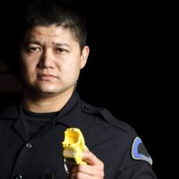 Male police officer pointing a taser into the distance