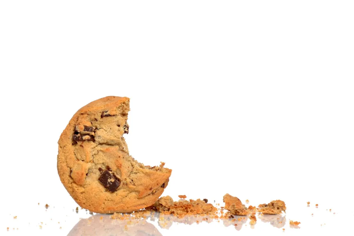 Chocolate chip cookie and crumbs isolated on a white background