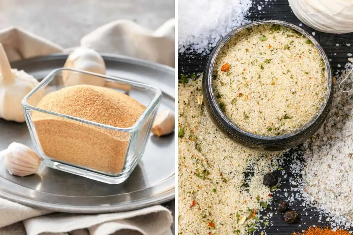 A bowl of garlic powder and a bowl of garlic salt