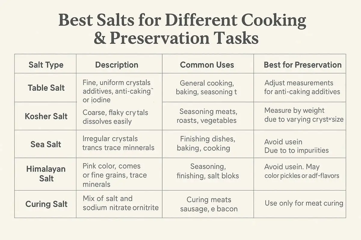 Best salts for different cooking & preservation tasks infographic