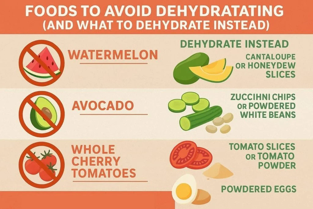 Foods to avoid dehydrating and what to dehydrate instead infographic