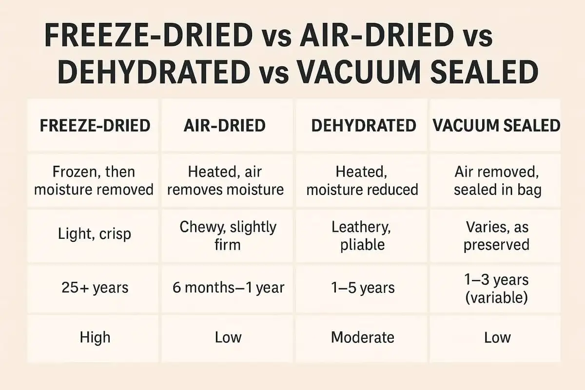 Freeze-dried vs air-dried vs dehydrated vs vacuum sealed comparison infographic chart