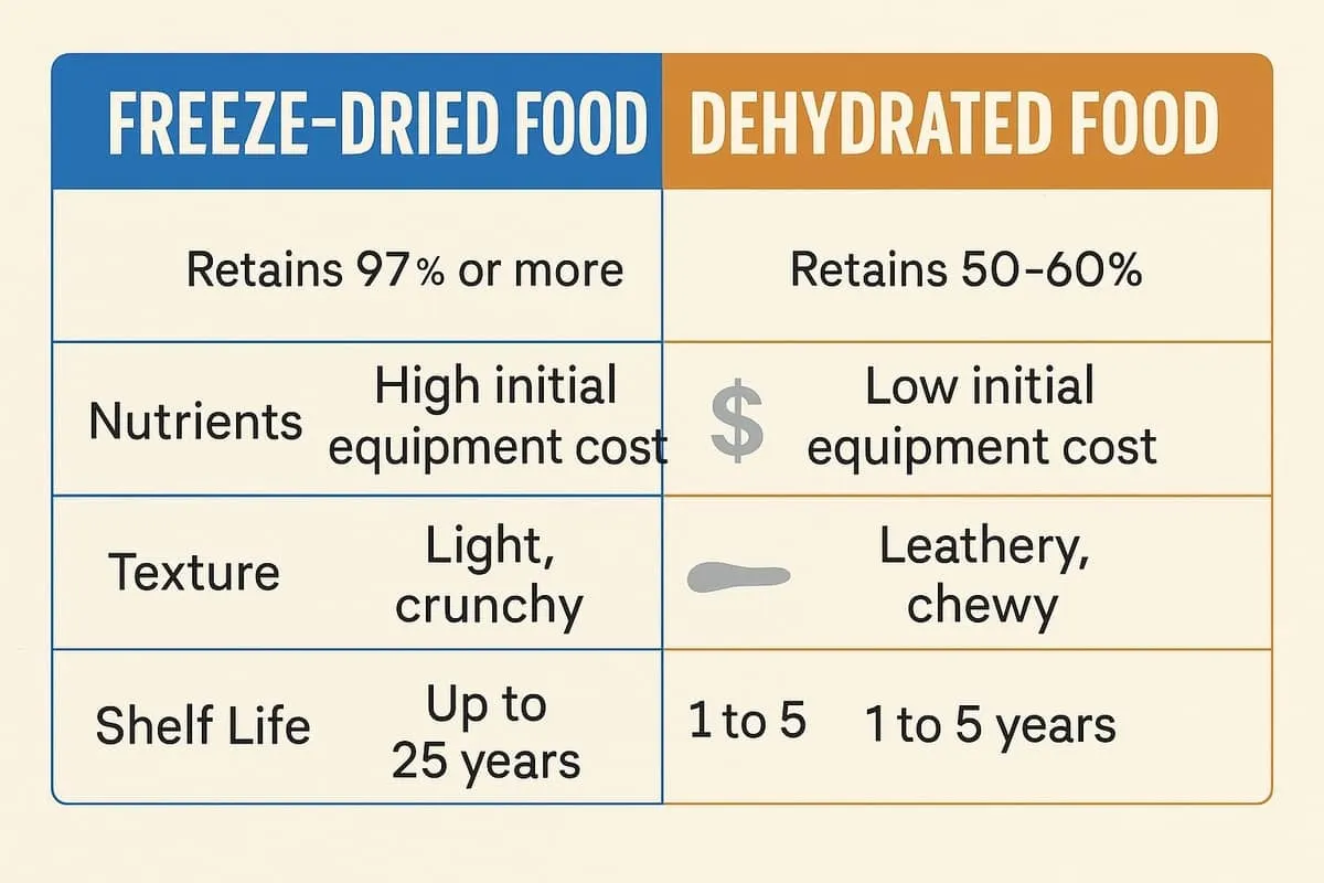 Freeze-dried vs dehydrated food side by side comparison chart infographic