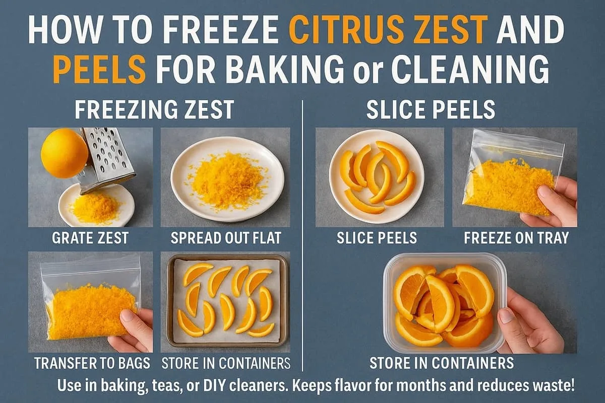 How to freeze citrust zest for baking or cleaning infographic