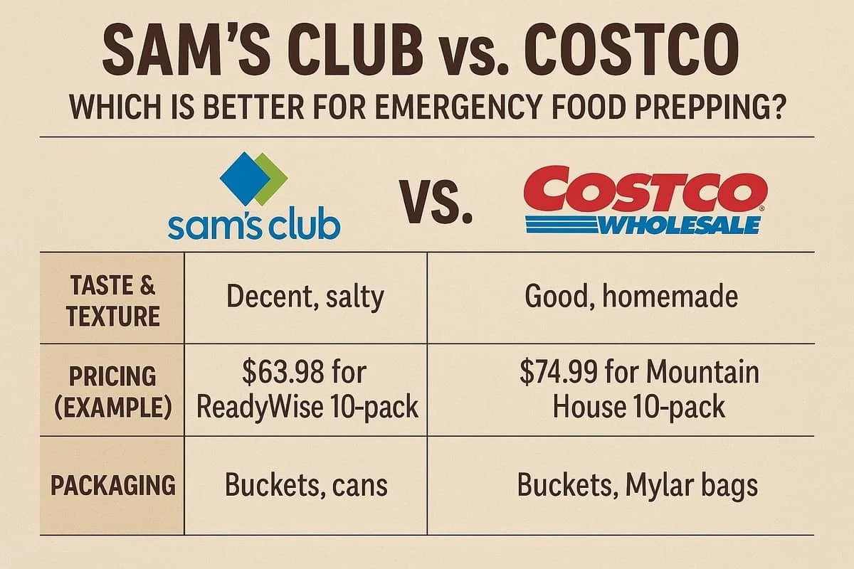 Sam's Club vs Costco Who is Best for Emergency Food Prepping Comparision Infographic Chart