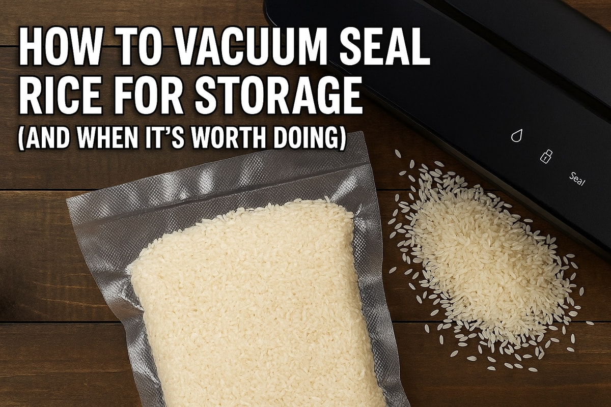 Sealed bag of rice next to a vacuum sealer
